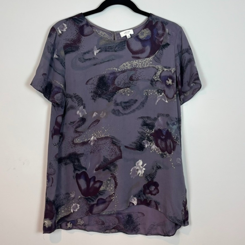 Wilfred 100% Silk Womens Purple Floral‎ Abstract Artsy Flowy Tunic Blouse M Boho